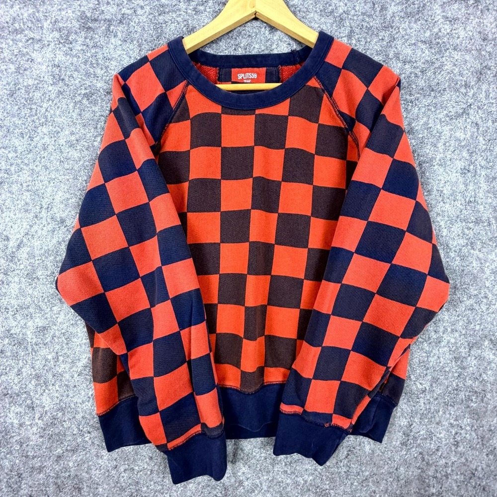 Splits59 Sweatshirt Womens Medium Red Navy Checkerboard Fleece Lined Crew Neck
